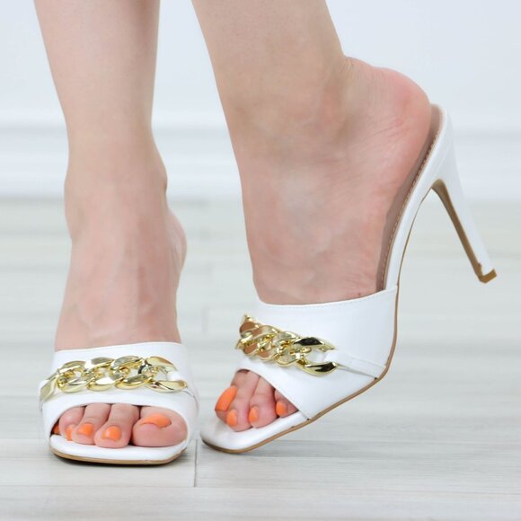 White High Heel Sandals Square Open Toe Slip On Mules Stiletto's - Picture 4 of 11